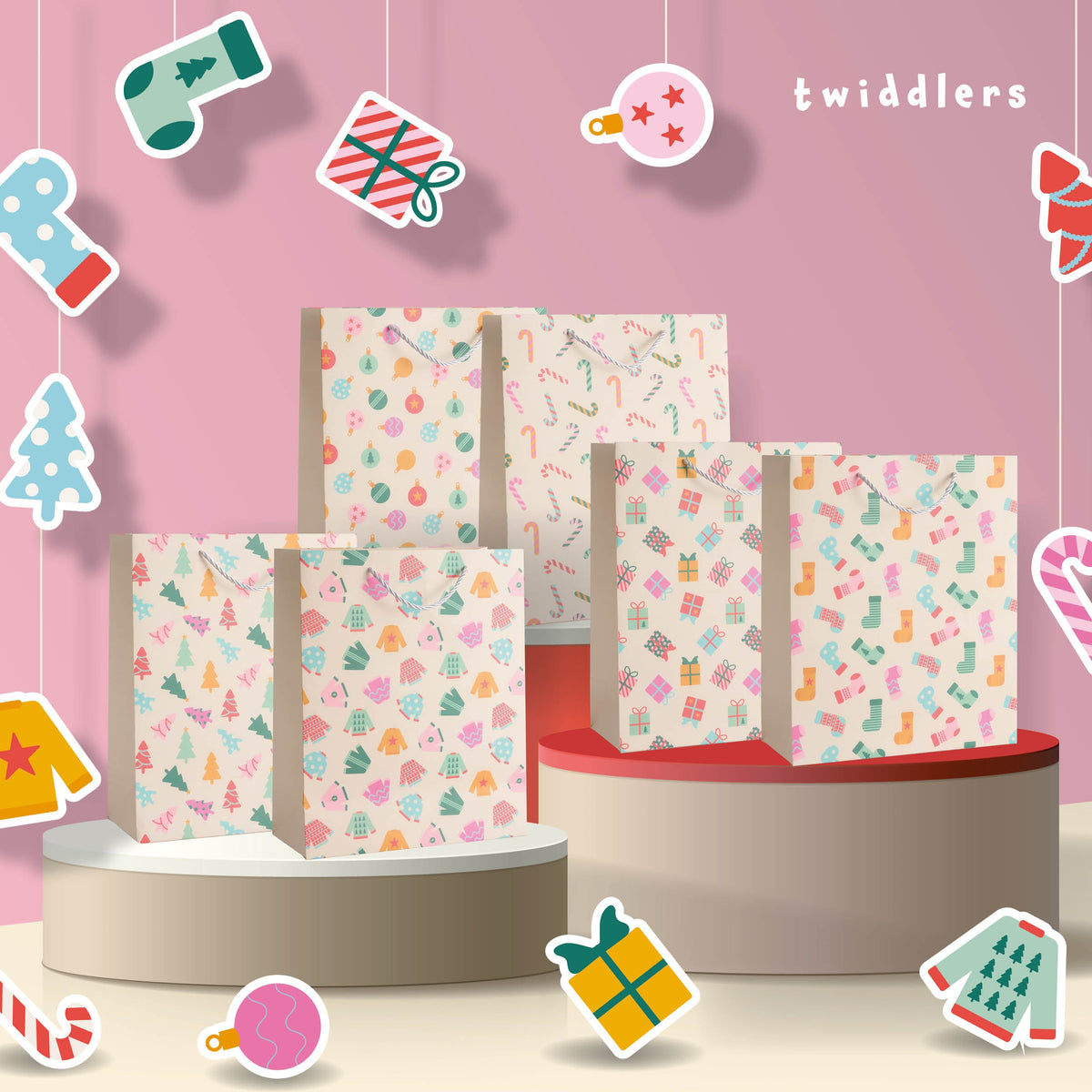 Festive Pastel Christmas Gift Bags – Assorted