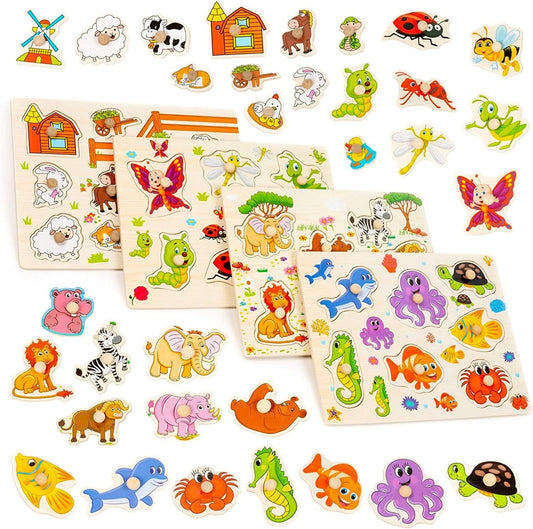 Early Learning Wooden Peg Wildlife Puzzles Set