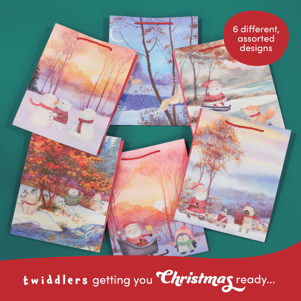 Festive Christmas Watercolour Gift Bags – Assorted