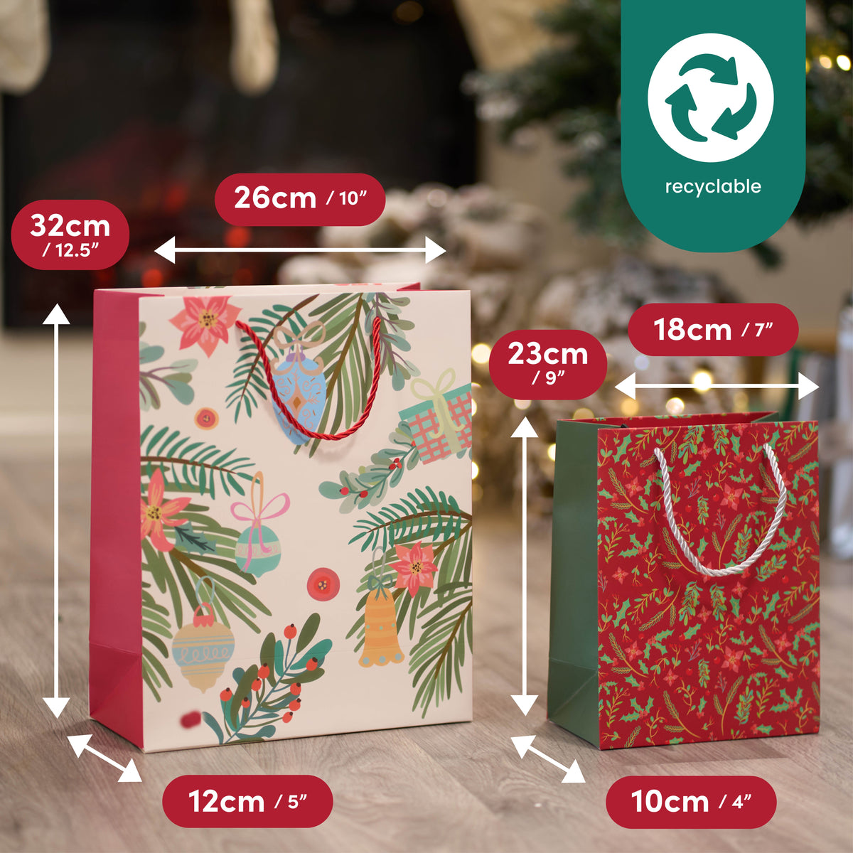Festive Floral Christmas Gift Bags Set