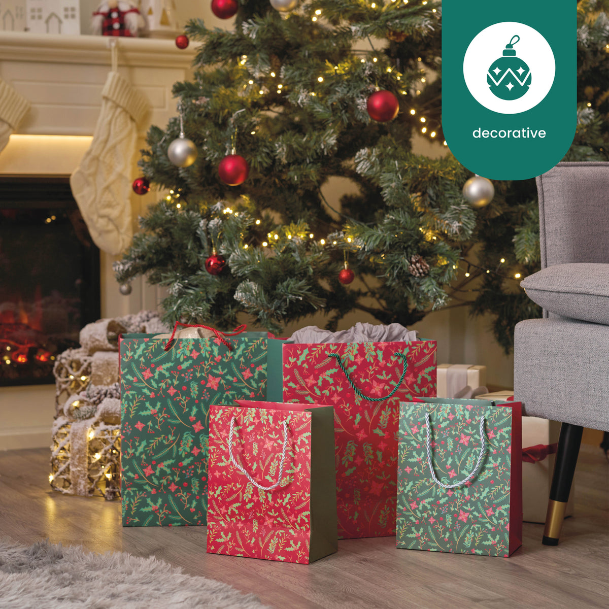 Festive Floral Christmas Gift Bags Set