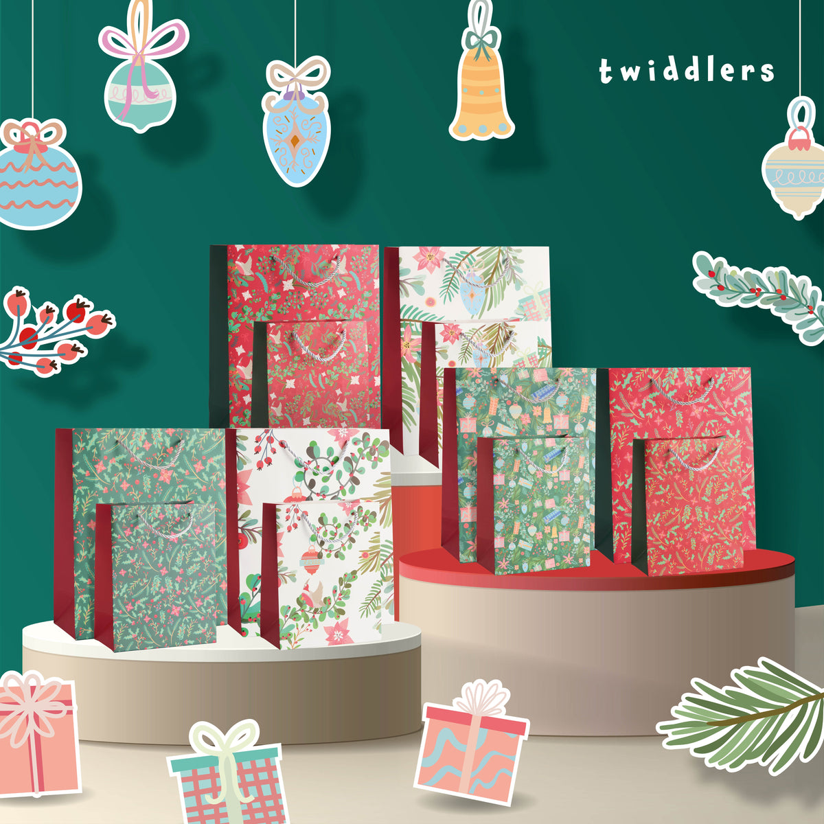 Festive Floral Christmas Gift Bags Set